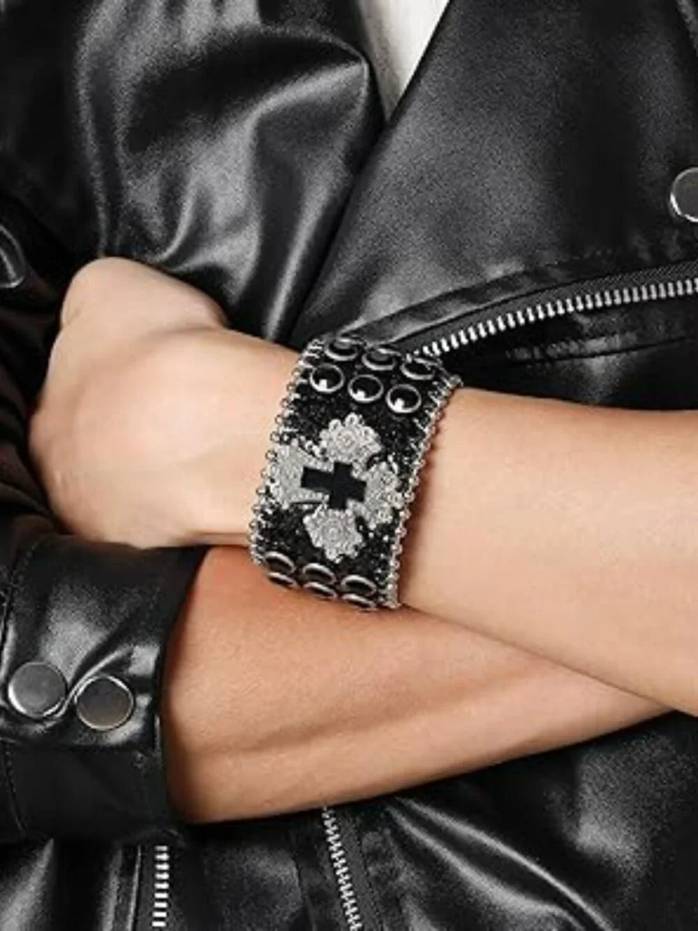 Wide Black Leather Bracelet Silver Cross Blk Gems and Silver Rivets Adjustable